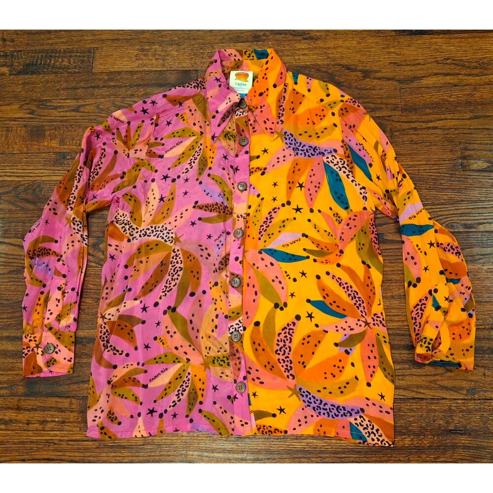 FARM Rio Anthropologie Pink Orange Tropical Blouse Button Down Womens Small